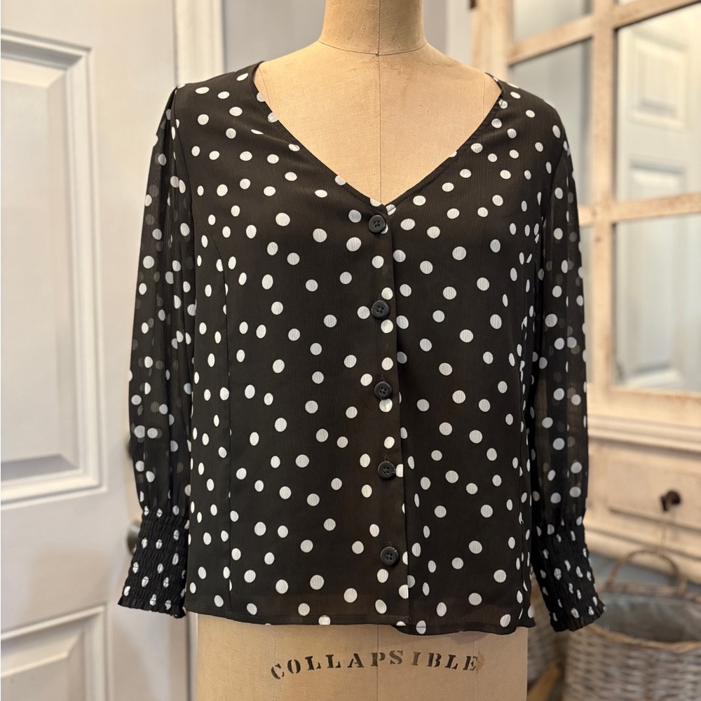 Madewell Black and White Long Sleeve V-neck Polka Dot Button-Up Blouse 4 Chic